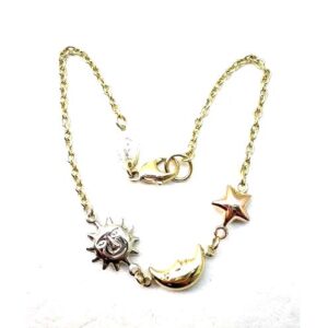 pulsera de oro 18 kt tricolor con dije de sol luna y estrell