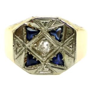 anillo art deco de oro 18 kt platino brillante y zafiros