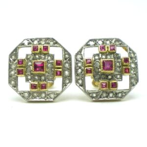 par de aros de oro 18 kt platino diamantes y diamantes y rubies naturales
