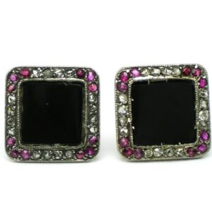 par de aros de oro 18 kt platino onix diamantes y rubies naturales