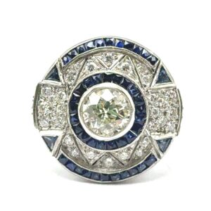 anillo de platino art deco zafiros azules naturales y brillantes